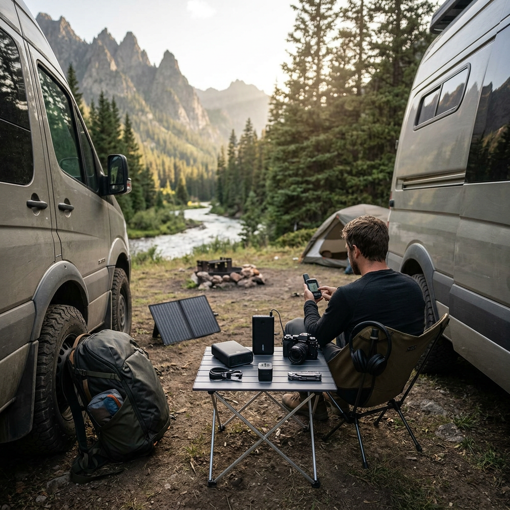 Camping by mountains with two camper vans; man uses a smartphone at a table with camera gear and a solar panel.
