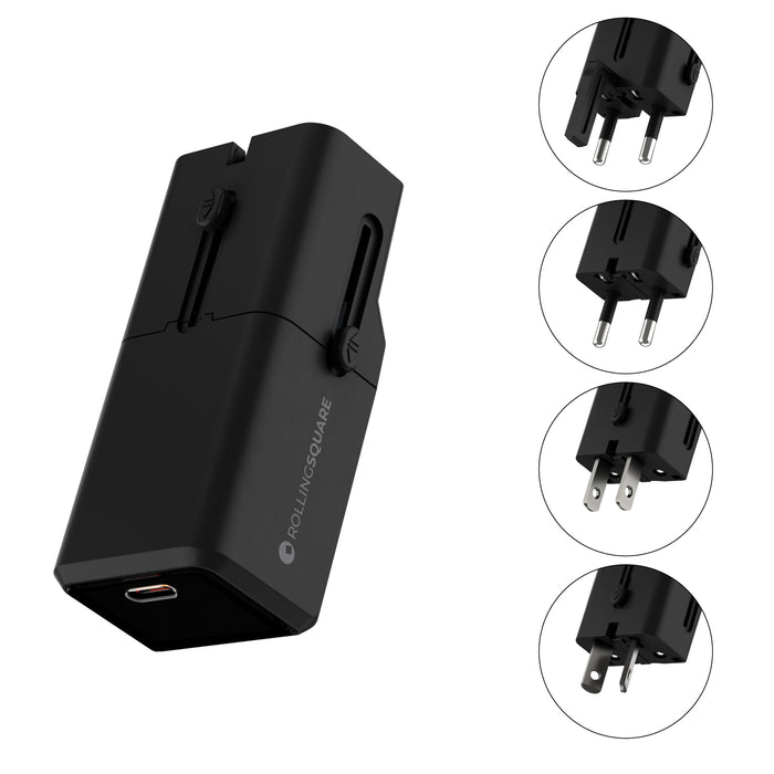Pocket Travel Charger - US/EU/UK/AU plugs - 30W - 1 Port - Compact black travel charger with foldable US, EU, UK, and AU plug adapters and one USB-C port. - Rolling Square