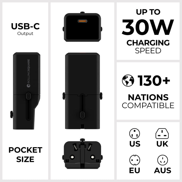 Pocket Travel Charger - US/EU/UK/AU plugs - 30W - 1 Port - Compact black pocket travel charger with detachable US/EU/UK/AU plug adapter and USB-C port. - Rolling Square