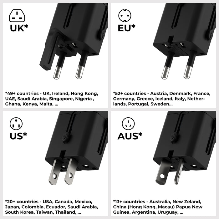 Pocket Travel Charger - US/EU/UK/AU plugs - 30W - 1 Port - Compact black travel charger with interchangeable UK, EU, US, and AU plug adapters displayed with country compatibility. - Rolling Square