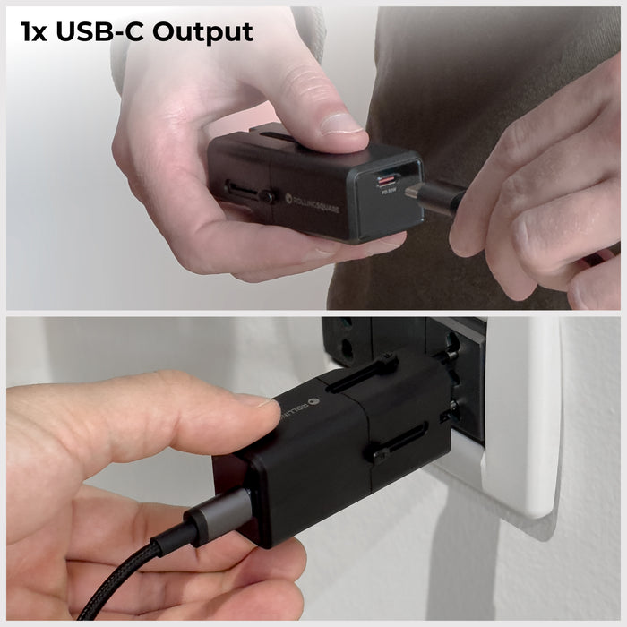 Pocket Travel Charger - US/EU/UK/AU plugs - 30W - 1 Port - Compact black USB-C pocket travel charger with foldable plug and single USB-C port. - Rolling Square