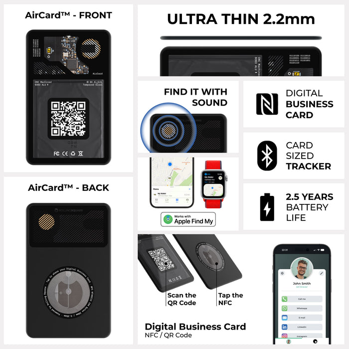 AirCard™ - Card-sized wallet tracker - 1x AirCard - Slim black card-sized tracker with QR code and circular button, 2.2mm thickness shown. - Rolling Square