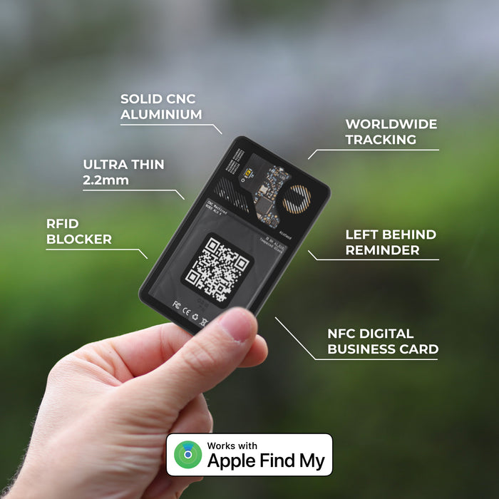 AirCard™ - Card-sized wallet tracker - 1x AirCard - Black slim card-sized tracker with QR code, NFC digital business card, and RFID blocker features held by a hand. - Rolling Square