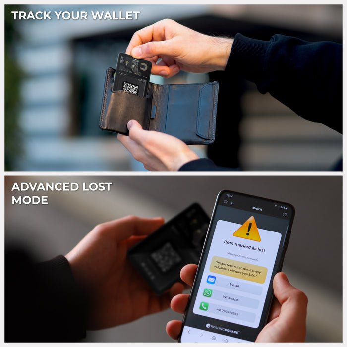 AirCard™ - Card-sized wallet tracker - 1x AirCard - Compact black AirCard wallet tracker held above an open wallet; smartphone screen shows wallet alert notification. - Rolling Square