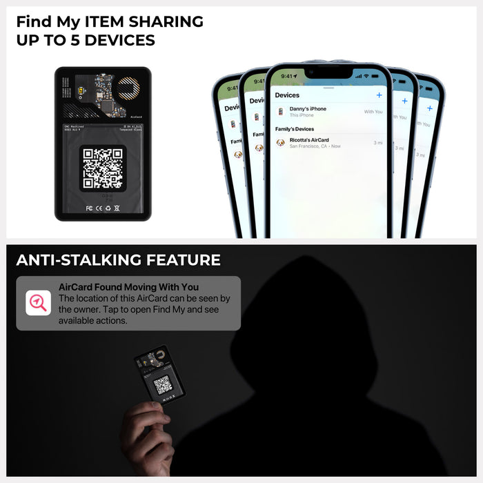 AirCard™ - Card-sized wallet tracker - 1x AirCard - Compact black AirCard wallet tracker with QR code and app interface displaying device connections. - Rolling Square