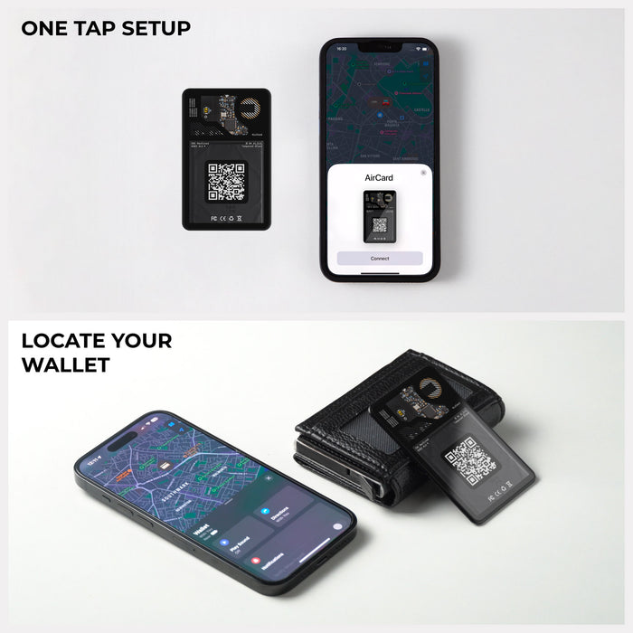AirCard™ - Card-sized wallet tracker - 1x AirCard - Black AirCard wallet tracker with QR code displayed next to smartphone showing tracking app interface. - Rolling Square