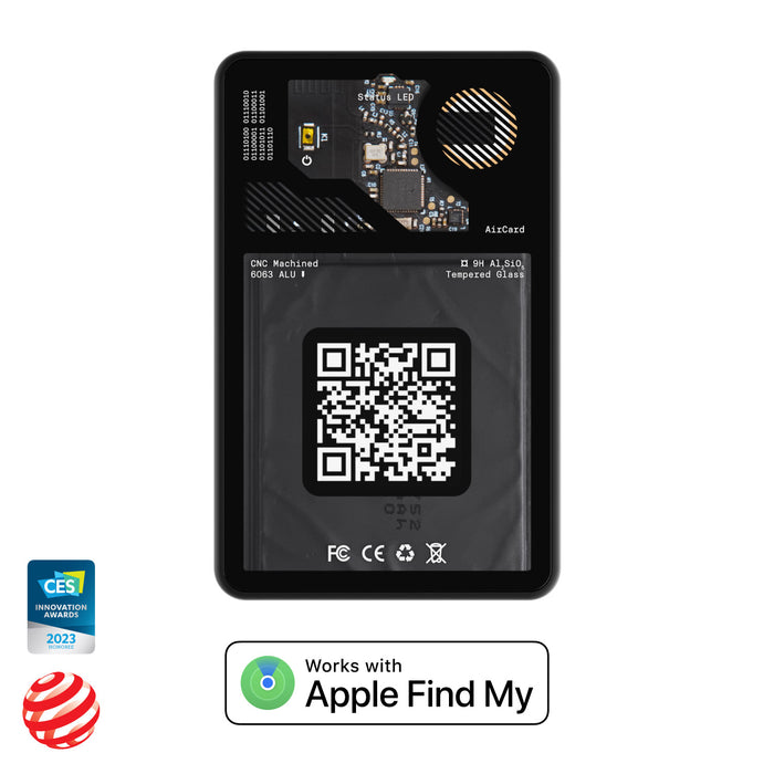 AirCard™ - Card-sized wallet tracker - 1x AirCard - Black card-sized wallet tracker with visible circuit board details and QR code, Apple Find My compatible badge and CES 2022. - Rolling Square