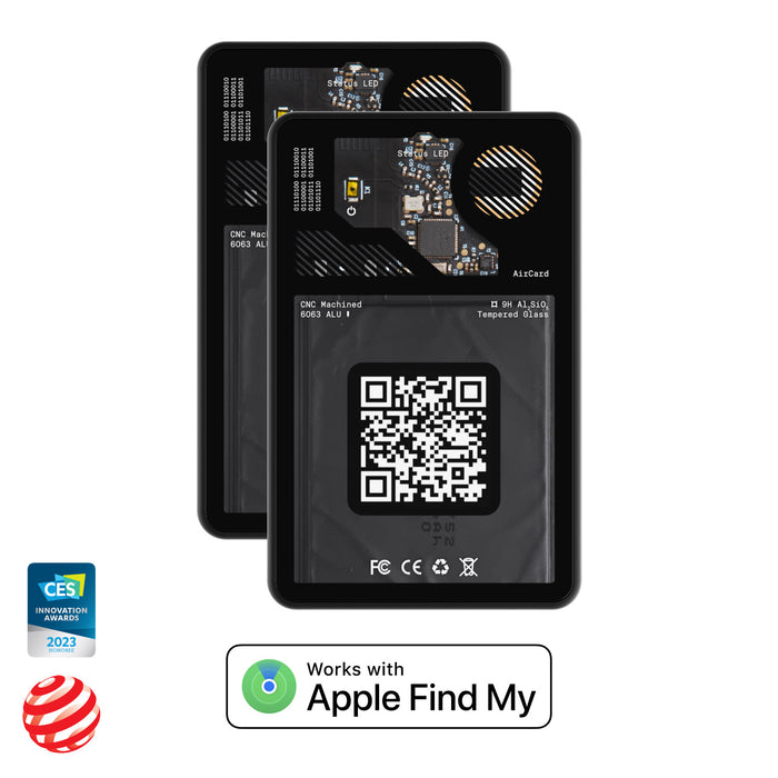 AirCard™ - Card-sized wallet tracker - 1x AirCard - Black card-sized wallet trackers with visible circuit board detail and a QR code, compatible with Apple Find My. - Rolling Square