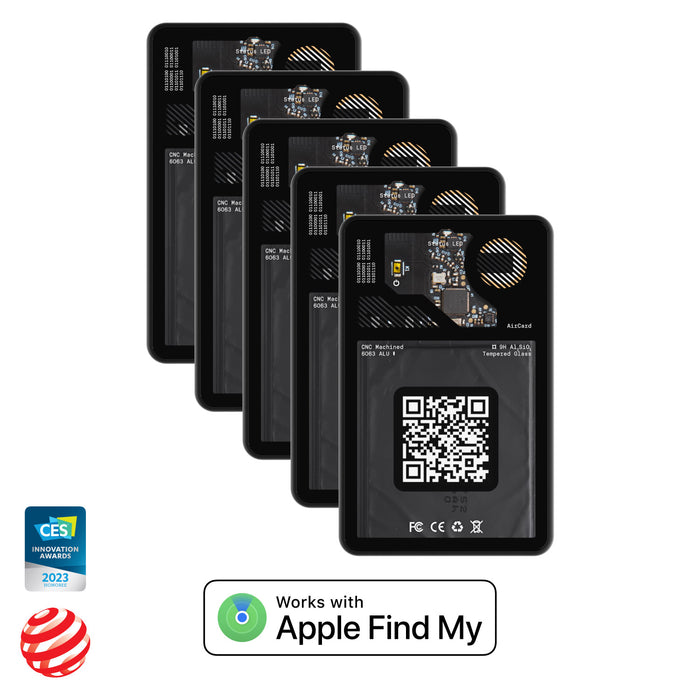 AirCard™ - Card-sized wallet tracker - 1x AirCard - Set of five black AirCard wallet trackers with QR codes and circuit design, compatible with Apple Find My. - Rolling Square