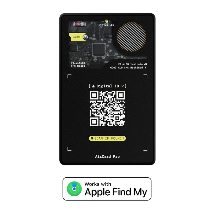 AirCard™ Pro - Android & Apple Bluetooth tracker - Black - Apple Network - Black AirCard Pro Bluetooth tracker with QR code and speaker grill, compatible with Apple Find My. - Rolling Square