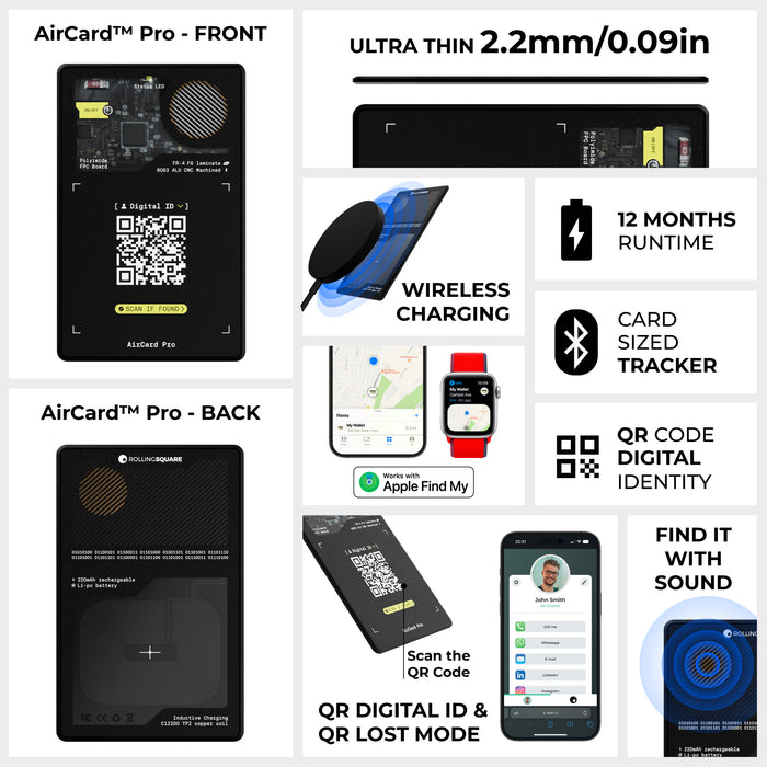 AirCard™ Pro - Android & Apple Bluetooth tracker - Black - Apple Network - Black ultra-thin AirCard Pro Bluetooth tracker with QR code and wireless charging features. - Rolling Square