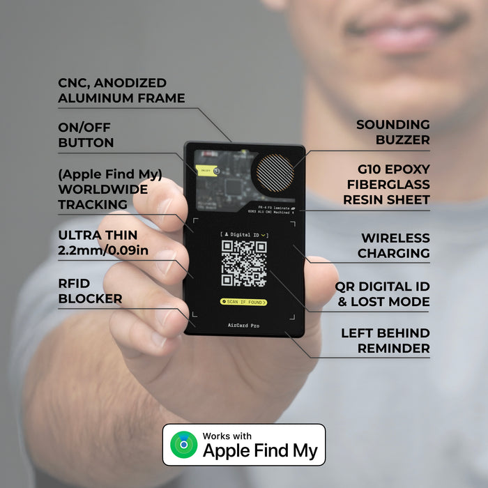 AirCard™ Pro - Android & Apple Bluetooth tracker - Black - Apple Network - Black AirCard Pro Bluetooth tracker with labeled features and Apple Find My compatibility badge. - Rolling Square