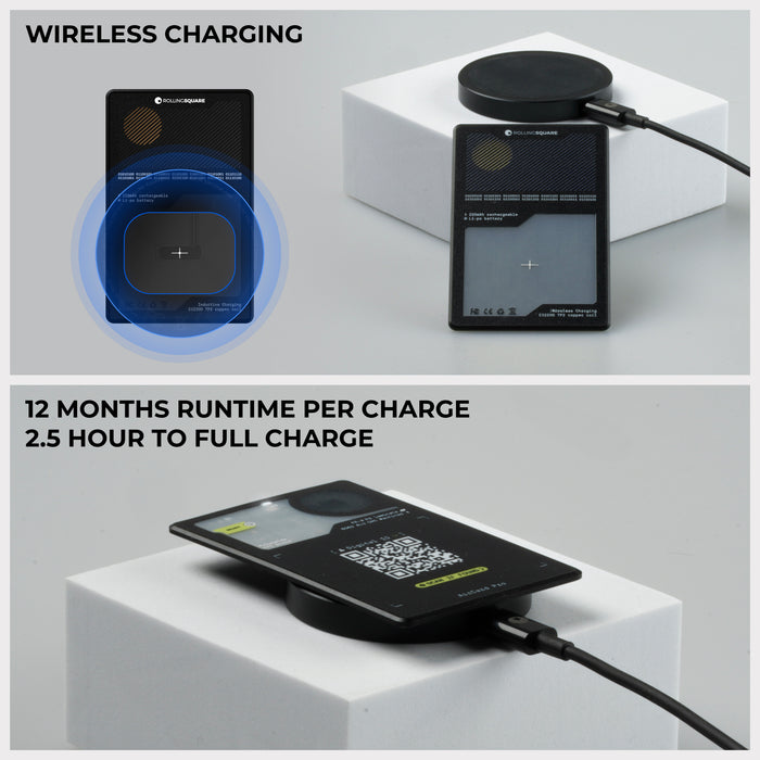 AirCard™ Pro - Android & Apple Bluetooth tracker - Black - Apple Network - Black AirCard Pro Bluetooth tracker with wireless charging on black charging pad. - Rolling Square