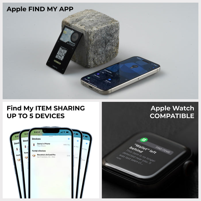 AirCard™ Pro - Android & Apple Bluetooth tracker - Black - Apple Network - Black rectangular Bluetooth tracker leaning against a gray stone with a QR code and QR scanner circle, next to a smartphone. - Rolling Square