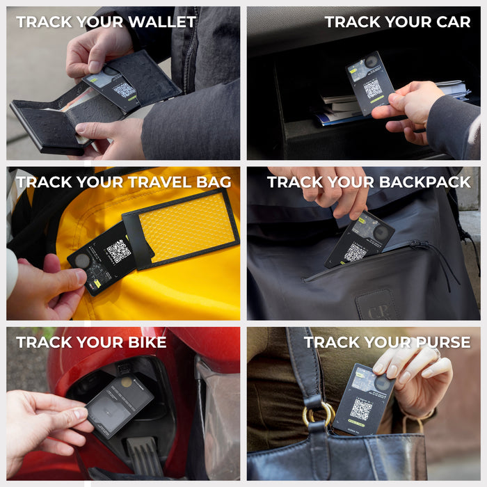 AirCard™ Pro - Android & Apple Bluetooth tracker - Black - Apple Network - Black AirCard Pro Bluetooth tracker attached to wallet, car key, travel bag, backpack, bike, and purse in various usage. - Rolling Square