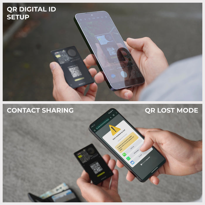 AirCard™ Pro - Android & Apple Bluetooth tracker - Black - Apple Network - Black AirCard Pro Bluetooth tracker with QR code held near smartphone displaying setup screen and contact sharing features. - Rolling Square