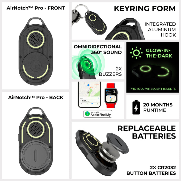 AirNotch™ Pro - Android & Apple Bluetooth tracker - Black - Apple Network - Black AirNotch Pro Bluetooth tracker with glow-in-the-dark ring and integrated aluminum keyring hook. - Rolling Square