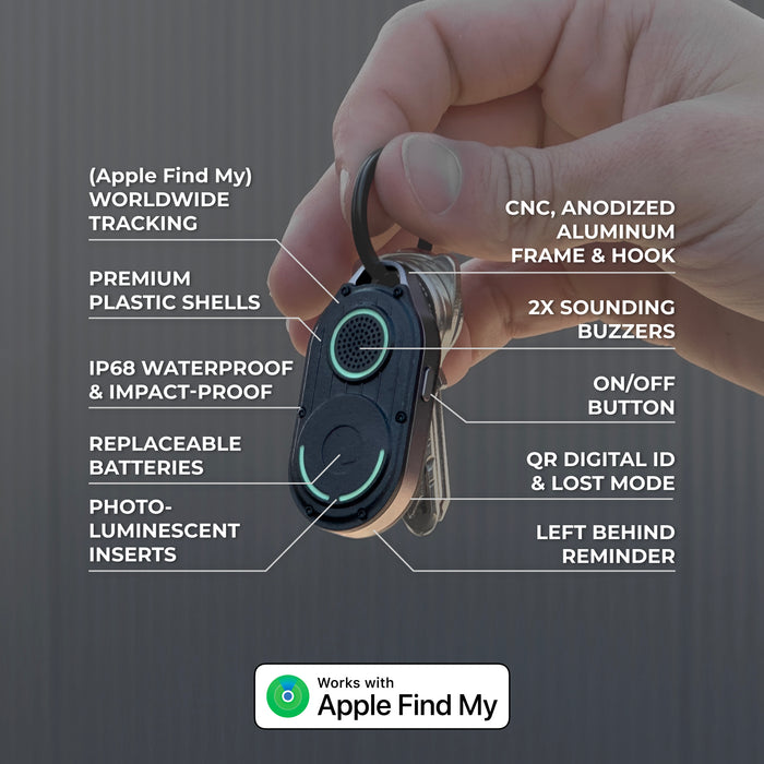 AirNotch™ Pro - Android & Apple Bluetooth tracker - Black - Apple Network - Black AirNotch Pro Bluetooth tracker with anodized aluminum frame, premium plastic shell, and labeled features. - Rolling Square