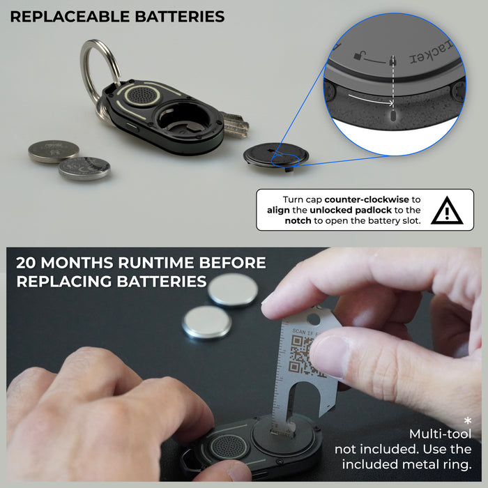 AirNotch™ Pro - Android & Apple Bluetooth tracker - Black - Apple Network - Black AirNotch Pro Bluetooth tracker with keyring, showing replaceable battery and twist-off battery cover demonstration. - Rolling Square