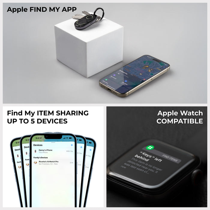 AirNotch™ Pro - Android & Apple Bluetooth tracker - Black - Apple Network - Black AirNotch™ Pro Bluetooth tracker on white cube with attached keyring, smartphone showing map, smartphone screen. - Rolling Square