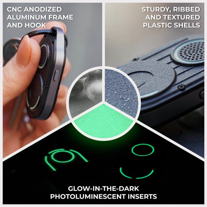 AirNotch™ Pro - Android & Apple Bluetooth tracker - Black - Apple Network - Close-up of black AirNotch Pro Bluetooth tracker with anodized aluminum frame, textured plastic shell, and glow-in-the-dark. - Rolling Square