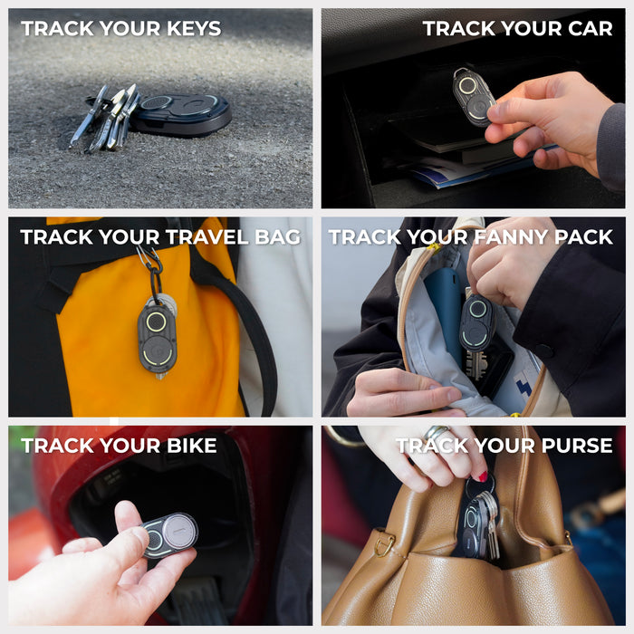 AirNotch™ Pro - Android & Apple Bluetooth tracker - Black - Apple Network - Black Bluetooth tracker attached to keys, car, travel bag, fanny pack, bike, and purse in six-panel layout. - Rolling Square