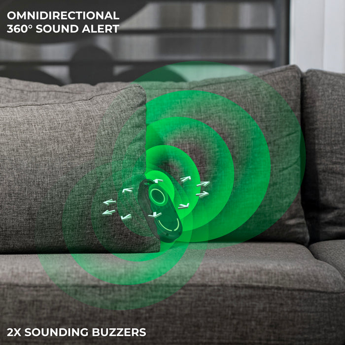 AirNotch™ Pro - Android & Apple Bluetooth tracker - Black - Apple Network - Black AirNotch™ Pro Bluetooth tracker emitting green 360° sound waves on gray couch. - Rolling Square
