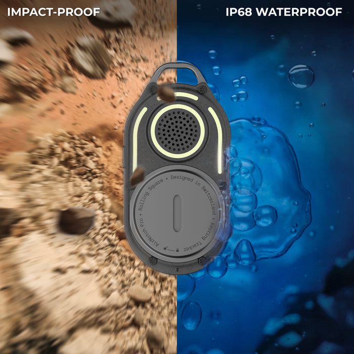 AirNotch™ Pro - Android & Apple Bluetooth tracker - Black - Apple Network - Compact black AirNotch™ Pro Bluetooth tracker with impact-proof and IP68 waterproof design suspended between dirt and water. - Rolling Square