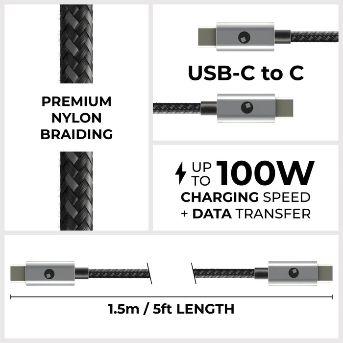 Essential Cable - The USB-C 100W Standard - 1.5m / 5ft - Black USB-C to USB-C cable with premium nylon braiding, 1.5m length, supports 100W charging and data transfer. - Rolling Square