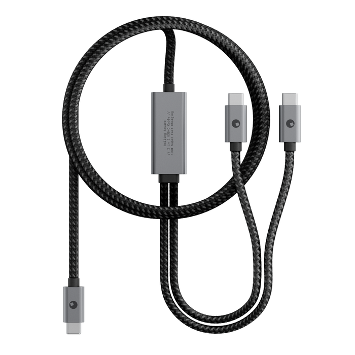 Essential 2in1 Cable - Dual USB-C Charge, 100W Power - 1.5m / 5ft - Black braided 1.5m USB-C to dual USB-C charging cable with 100W power module. - Rolling Square