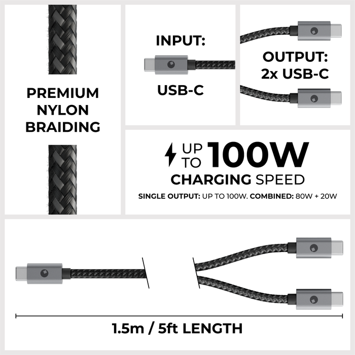 Essential 2in1 Cable - Dual USB-C Charge, 100W Power - 1.5m / 5ft - Black braided USB-C to dual USB-C cable, 1.5m length, supporting up to 100W power output with premium nylon braiding. - Rolling Square
