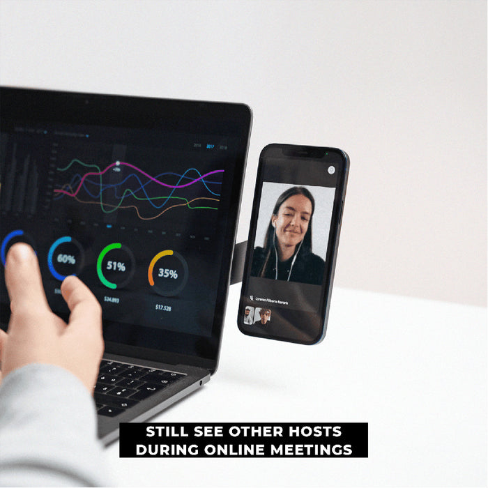 EDGE® Full Kit - Productivity magnetic kit - Carrara White - Magnetic phone holder in Basalt Grey holding smartphone beside laptop with colorful data charts on screen. - Rolling Square