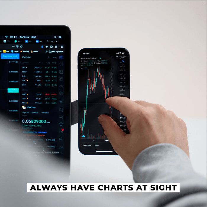 EDGE® Full Kit - Productivity magnetic kit - Carrara White - Hand placing smartphone with financial chart next to tablet displaying stock market data. - Rolling Square