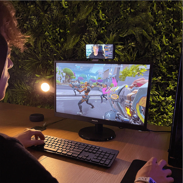 EDGE® Full Kit - Productivity magnetic kit - Carrara White - Ergonomic workspace featuring a sleek black wireless keyboard and mouse on a wooden desk with dual monitors and a green moss . - Rolling Square