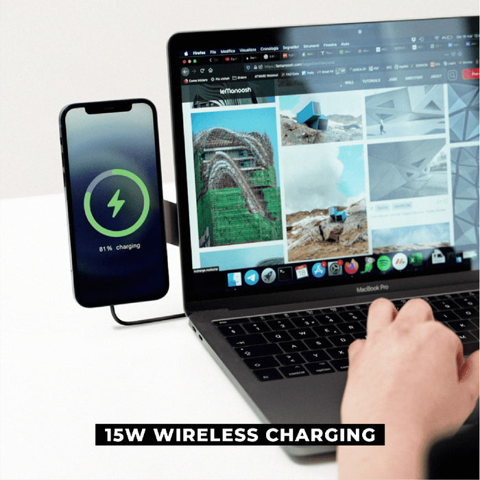 EDGE® Full Kit - Productivity magnetic kit - Carrara White - Black wireless charging pad connected to a laptop with a phone displaying a green charging icon on screen. - Rolling Square