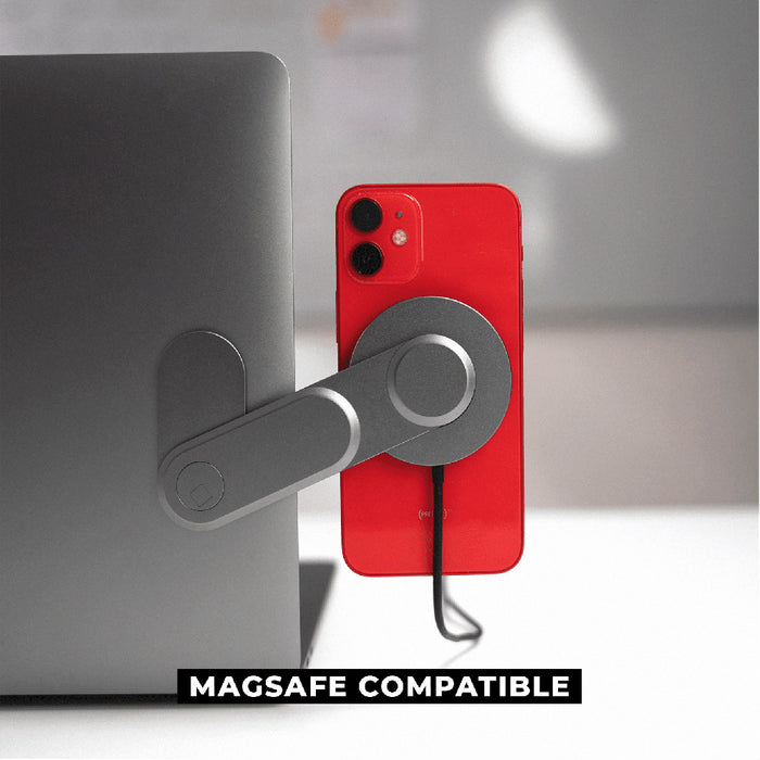EDGE® Full Kit - Productivity magnetic kit - Carrara White - Gray magnetic arm attached to laptop holding red smartphone with charging cable. - Rolling Square