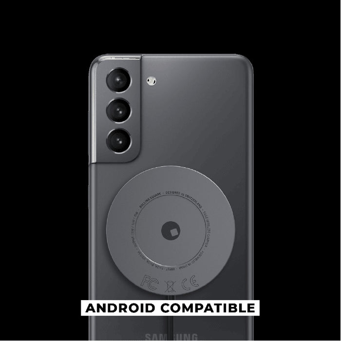 EDGE® Full Kit - Productivity magnetic kit - Carrara White - Dark grey smartphone with a circular magnetic productivity kit attached on the back, labeled Android compatible. - Rolling Square