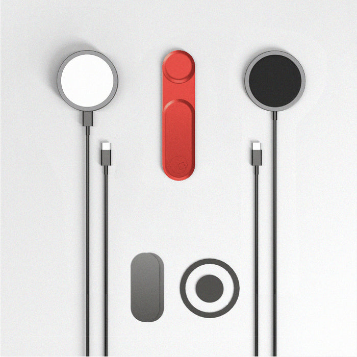 EDGE® Full Kit - Productivity magnetic kit - Carrara White - Magnetic wireless charger set with round white and black charging pads, red and grey accessory pieces. - Rolling Square