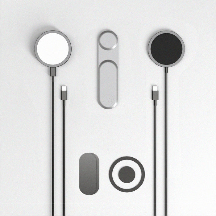 EDGE® Full Kit - Productivity magnetic kit - Carrara White - Magnetic productivity kit with two circular wireless chargers, a rectangular magnetic strip, and a round adhesive ring in. - Rolling Square