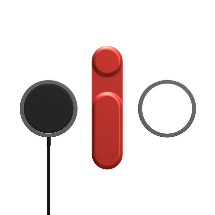 EDGE® Full Kit - Productivity magnetic kit - Carrara White - Black magnetic wireless charger, red elongated magnetic phone holder, and gray circular magnetic ring on white background. - Rolling Square