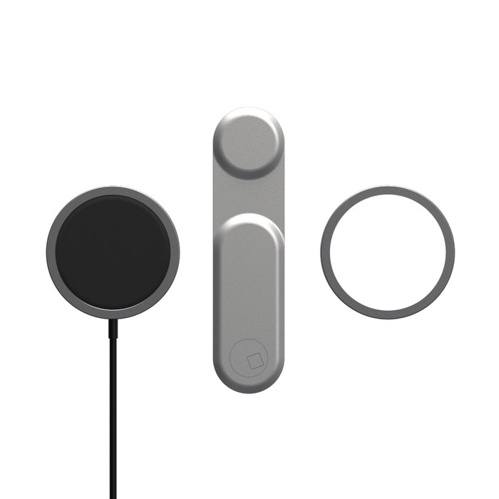 EDGE® Full Kit - Productivity magnetic kit - Carrara White - Gray magnetic phone holder with circular black pad and detachable ring accessory on white background. - Rolling Square