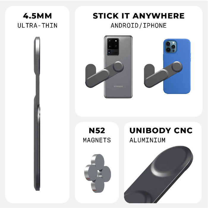 EDGE® Full Kit - Productivity magnetic kit - Carrara White - Slim black magnetic phone grip attached to smartphone backs, showing side and front views. - Rolling Square