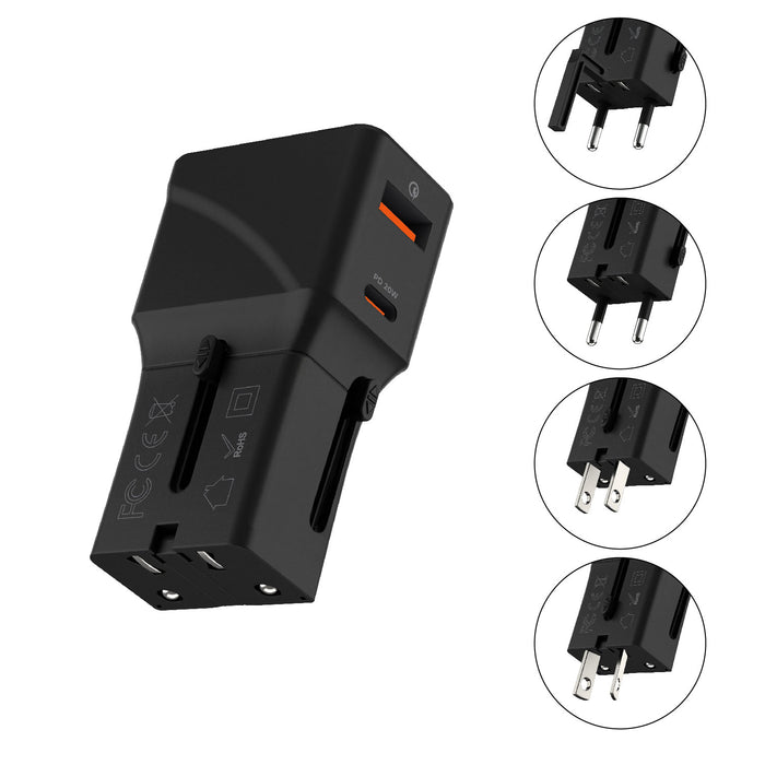 Pocket Travel Charger - US/EU/UK/AU plugs - 30W - 1 Port - Compact black pocket travel charger with two USB ports and interchangeable US, EU, UK, and AU plugs. - Rolling Square