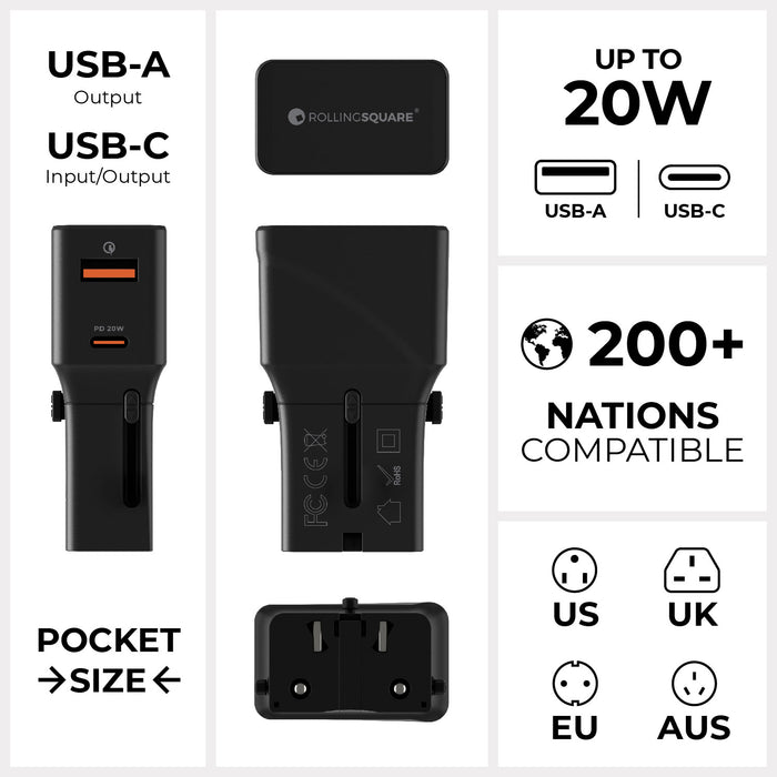 Pocket Travel Charger - US/EU/UK/AU plugs - 30W - 1 Port - Compact black pocket travel charger with USB-A and USB-C ports, compatible with US, EU, UK, and AU plugs, supporting up to. - Rolling Square