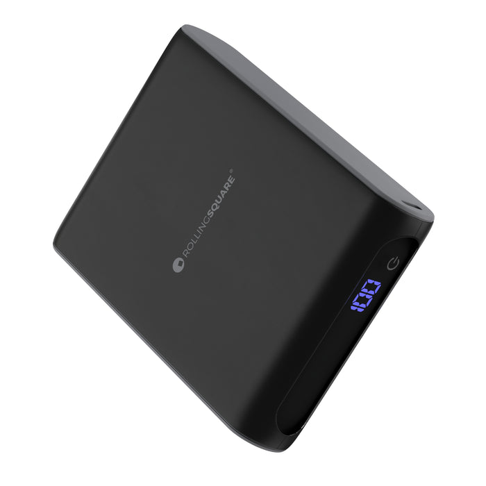 Essential Power Bank - 20,000mAh capacity, on-the-go - Black - Black compact power bank with digital battery percentage display and rounded edges. - Rolling Square