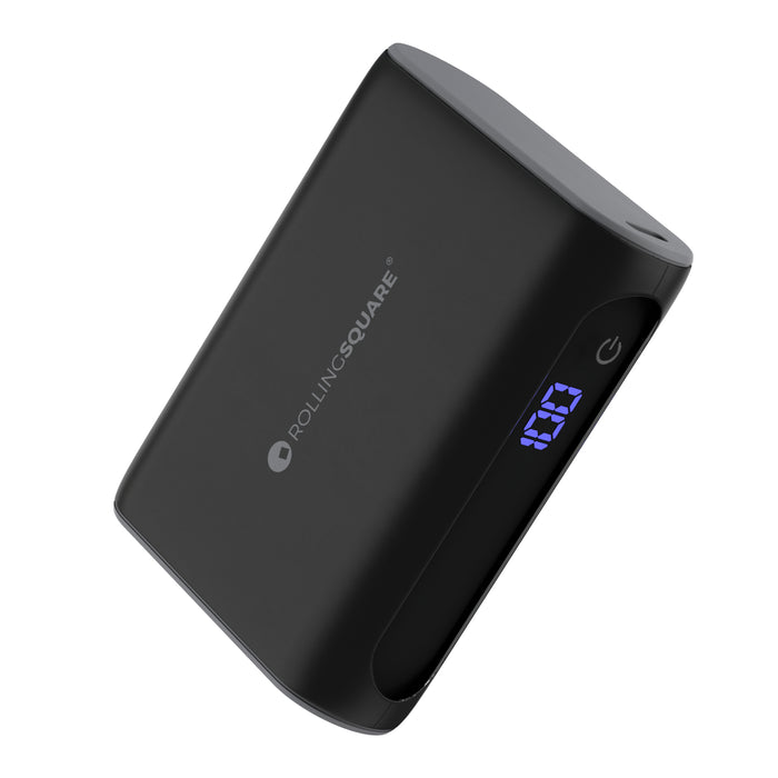 Essential Power Bank - 10,000mAh capacity, on-the-go - Black - Compact black power bank with digital battery indicator and rounded edges. - Rolling Square