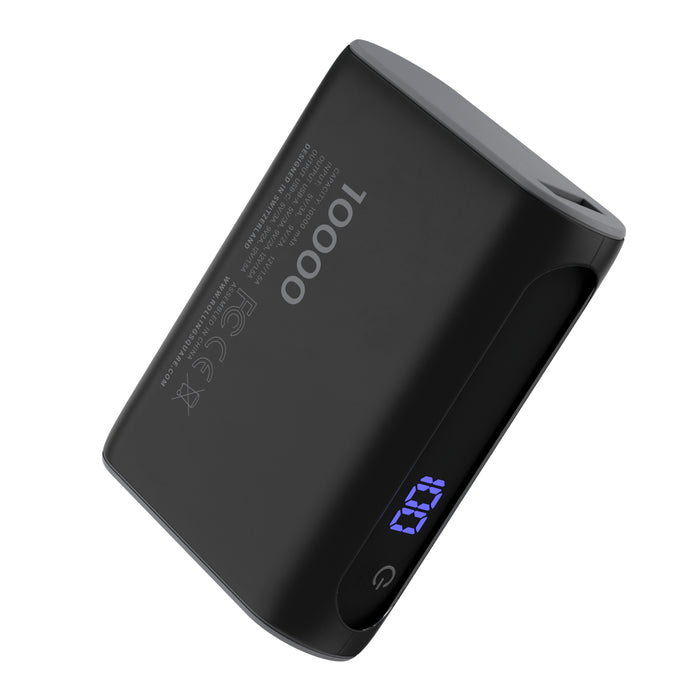 Essential Power Bank - 10,000mAh capacity, on-the-go - Black - Compact black power bank with 10,000mAh capacity and blue LED battery indicator. - Rolling Square