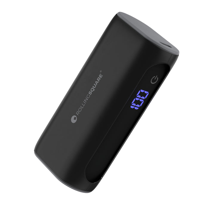 Essential Power Bank - 5,000mAh capacity, on-the-go - Black - Black compact Essential Power Bank with digital battery percentage display and power button. - Rolling Square