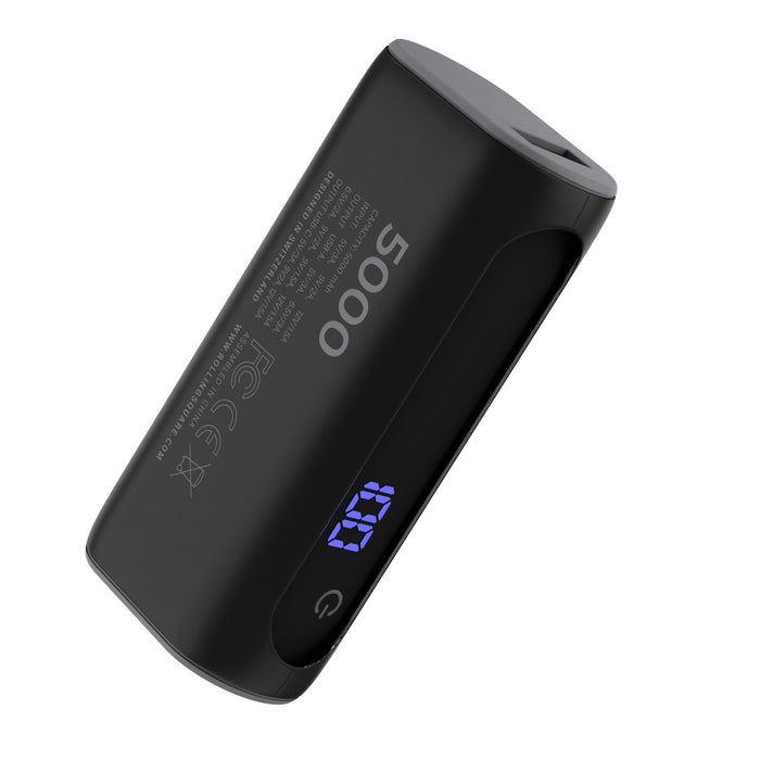 Essential Power Bank - 5,000mAh capacity, on-the-go - Black - Compact black power bank with 5,000mAh capacity and digital battery indicator display. - Rolling Square