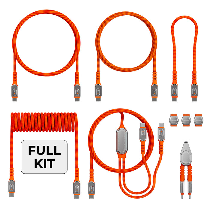 An orange full kit of braided USB-C charging and data cables with silver metal connector housings, shown on a white background with a 'FULL KIT' label. The kit includes multiple cable lengths, a coiled cable, and various adapter pieces.